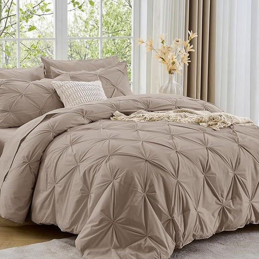 Sasttie Full Size Comforter Set, 7-Piece Bed in a Bag, Pintuck Bedding Set for All Season, Includes Comforter, Flat Sheet, Fitted Sheet, Pillowcases and Pillowshams, Dark Linen