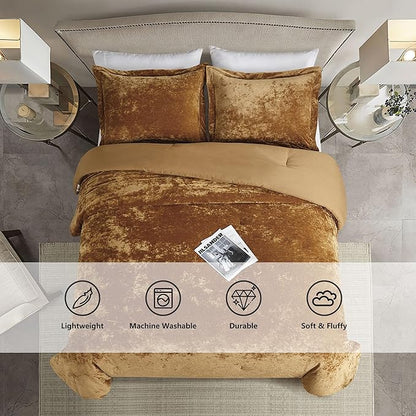 Luxury Velvet Queen Size Comforter Set, 3 Pieces Reversible Brushed Solid Microfiber Back, All Season Cozy, Soft, Warm(Caramel Gold,90x90 in)