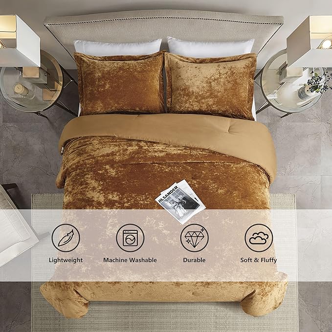 Luxury Velvet King Size Comforter Set, 3 Pieces Reversible Brushed Solid Microfiber Back, All Season Cozy, Soft, Warm(Caramel Gold,104x90 in)