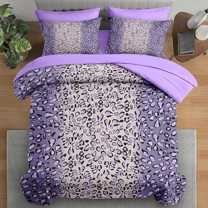 Comforter Set Full Size, Leopard Colorful Plain Purple 7 Pcs Bedding for Kids and Adults, Gold Geometric Tiger Bed Sheet Sets with Fitted Sheet 2 Pillowcases & 2 Shams for Bedroom Bed Decor
