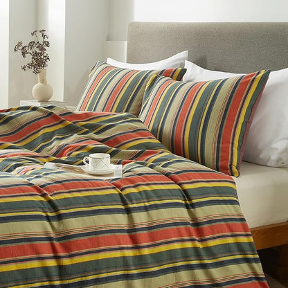 mixinni Full Size Comforter Set 3 Pieces, Vintage Colorful Striped Washed Cotton Reversible Comforter with 2 Pillowcases, All Season Lightweight Bedding for Women & Men, Retro Mid-Century Style