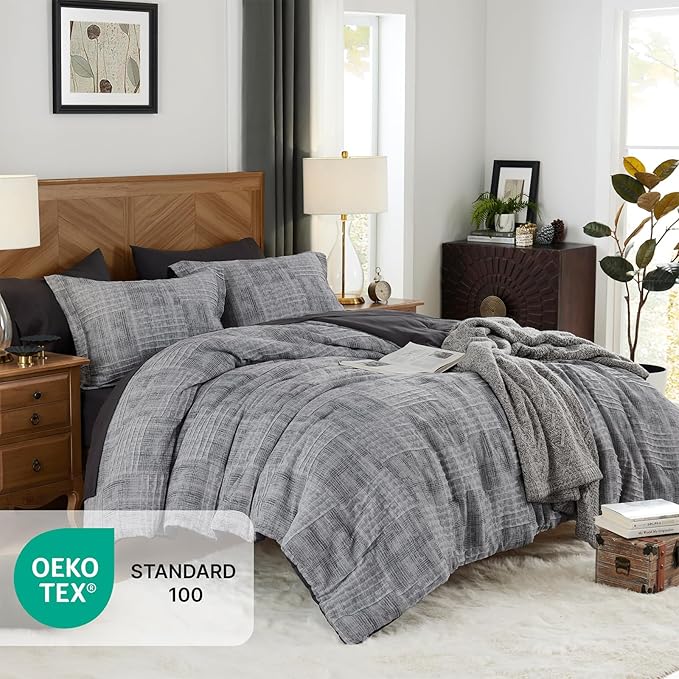 MaiRêve Charcoal Grey Oversized Queen Comforter Set, Textured Design Crinkle Bed in A Bag, 7 Pieces Bedding Set with Comforter, Sheets, Pillowcases & Shams 98"x 98"