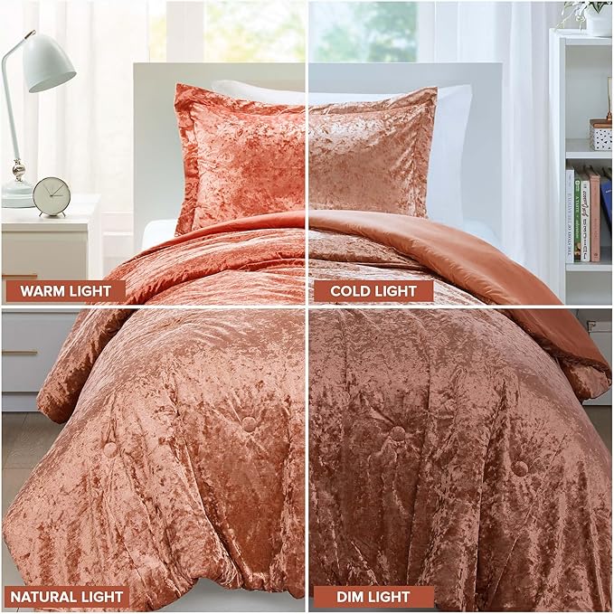 Comfort Spaces Luxe Twin Comforter Set Velvet Comforters for Twin Size Bed, Microfiber Reverse, Juliette, All Season Velvet Bedding Twin Size, Fluffy Bed Set, Sham, Twin/Twin XL, Burnt Orange 2 Piece