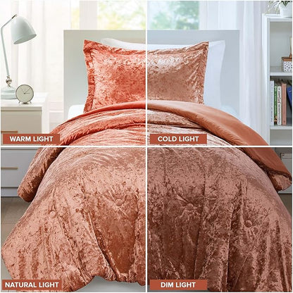 Comfort Spaces Luxe Twin Comforter Set Velvet Comforters for Twin Size Bed, Microfiber Reverse, Juliette, All Season Velvet Bedding Twin Size, Fluffy Bed Set, Sham, Twin/Twin XL, Burnt Orange 2 Piece