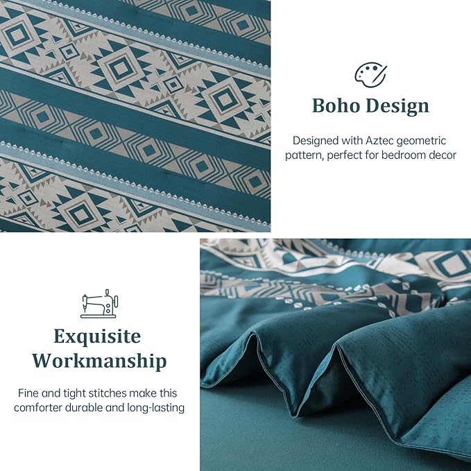 Anibedding Teal Comforter Set Queen 7 Pieces Boho Western Bedding Set for All Season, Aztec Bed in a Bag Queen Soft Microfiber Comforter Set with Sheets, Pillowcases & Shams