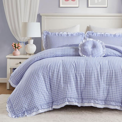 Intelligent Design Rowena Full Comforter Set – Blue Gingham Ruffled Bedding, Vintage Farmhouse Style, Reversible All Season 4-Piece Bedding Set, Full/Queen, Gift for Her