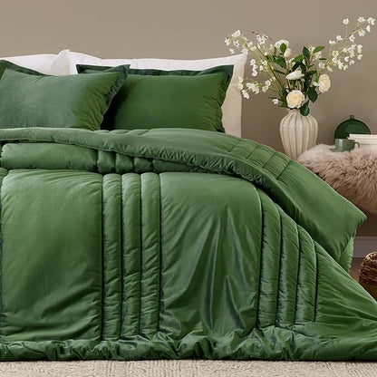 MUSSEL Olive Green Queen Comforter Set 3 Pieces,Luxury Lightweight Fluffy All Season Cozy Velvet Bedding Comforter Sets,Neutral Striped Bedroom Comforter with 2 Shams