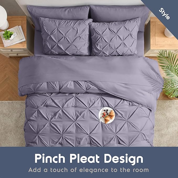 Nestl 7 Piece Pinch Pleated Comforter Set - Grayish Purple, Bed in a Bag, All Season King Bed Set with Flat Sheet, Fitted Sheet, Pillowcases and Shams