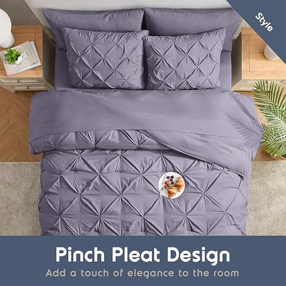 Nestl 7 Piece Pinch Pleated Comforter Set - Grayish Purple, Bed in a Bag, All Season King Bed Set with Flat Sheet, Fitted Sheet, Pillowcases and Shams