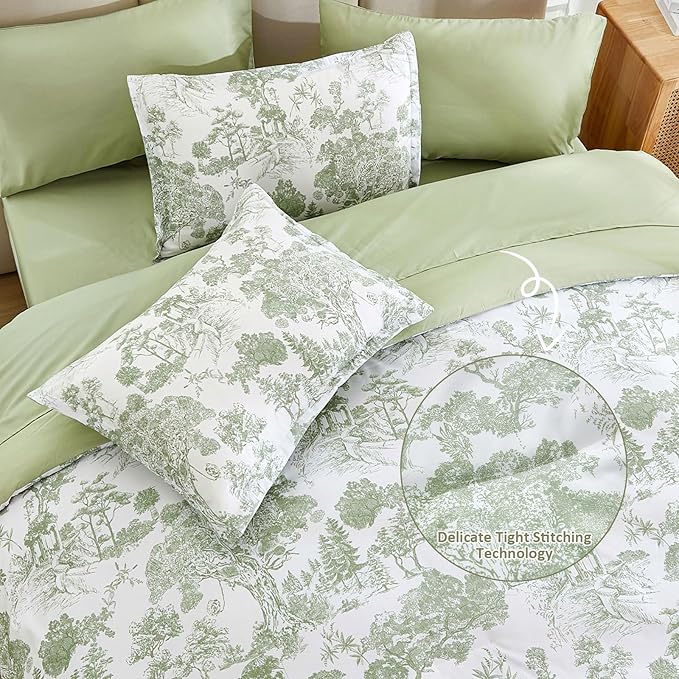 DJY Full Size Comforter Sets, Sage Green 7 Pieces Bed in a Bag Full Botanical Comforters with Sheets Elegant Plants Print Soft Microfiber Reversible Complete Bedding Sets for All Season