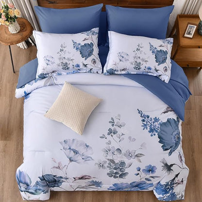 DJY Floral Queen Comforter Set - 7 Pieces Blue Floral Bed in a Bag with Flower Leaves Pattern, Soft Microfiber Botanical Comforter and Sheet Set, All Season Bedding Set (90''x90'')