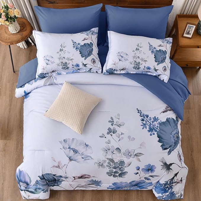 DJY Floral King Comforter Set - 7 Pieces Blue Floral Bed in a Bag with Flower Leaves Pattern, Soft Microfiber Botanical Comforter and Sheet Set, All Season Bedding Set (104''x90'')