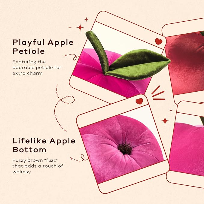 Ashler Apple Shaped Throw Pillow, Luxury Velvet Throw Pillow, Cute Apple-Shaped Cushion, Fun Home Decor for Sofa, Chair, Bedroom, Pink, 11x9.5IN