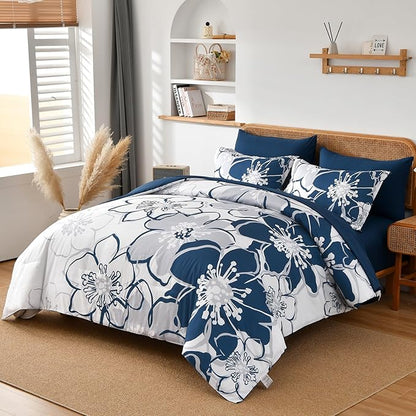 Anibedding Navy Floral Comforter Set Queen Size 7 Piece, Blue Flower Bed in a Bag, Elegant Botanical Floral Comforter Soft Microfiber Complete Bedding Set for All Season, (Navy Blue, 90"x90")