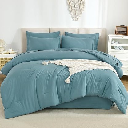 Litanika Full Size Comforter Sets Grayish Teal - 7 Pieces Bed in a Bag Full Bedding Comforter Sets, Solid Lightweight Bed Set with Comforter, Sheets, Pillowcases & Shams