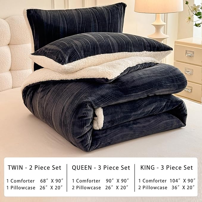 3D Striped Jacquard Sherpa Comforter Set Queen Size, Boho Geometric Pattern Quilt Bedding 3 Pieces Warm Cozy Fuzzy Comforter with 2 Pillowcases(90"X90" Dark Grey)