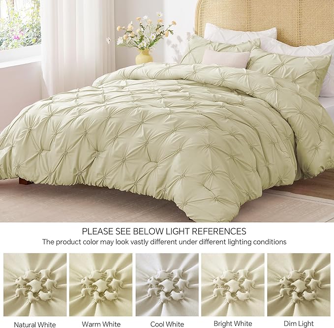BEDELITE Beige King Size Comforter Set - 3 Pieces Boho Pintuck Bedding Comforter Sets, Lightweight Soft & Warm King Bedding Set with 2 Pillowcases for All Season