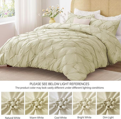 BEDELITE Beige King Size Comforter Set - 3 Pieces Boho Pintuck Bedding Comforter Sets, Lightweight Soft & Warm King Bedding Set with 2 Pillowcases for All Season