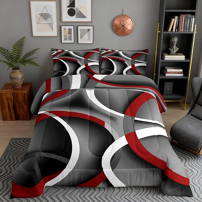 Gray Black Red Swirls Bedding Comforters Retro Circle Stripes Comforter Set for Boys Kids Modern Abstract Bedding Duvet Color Art Home Decoration for All Season,1 Comforter Set + 2 Pillowcases,Full