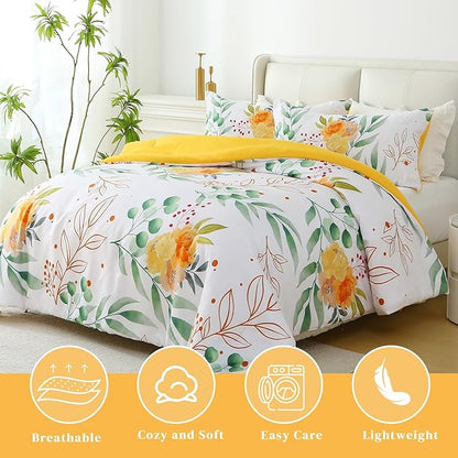 Queen Comforter Set Yellow 3 Pieces Bed in a Bag, Floral Bedding Sets Elegant Botanical Bed Set Lightweight Soft Comforter with 2 Pillowcases for All Season