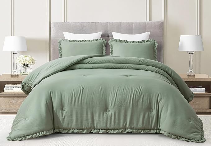 Chezmoi Collection Nora Sage Green Comforter Set Queen Size 3-Piece Lightweight Fluffy Soft Stone-Washed Ruffled Shabby Chic Bedding for All Season