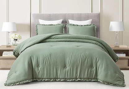 Chezmoi Collection Nora Sage Green Comforter Set Queen Size 3-Piece Lightweight Fluffy Soft Stone-Washed Ruffled Shabby Chic Bedding for All Season