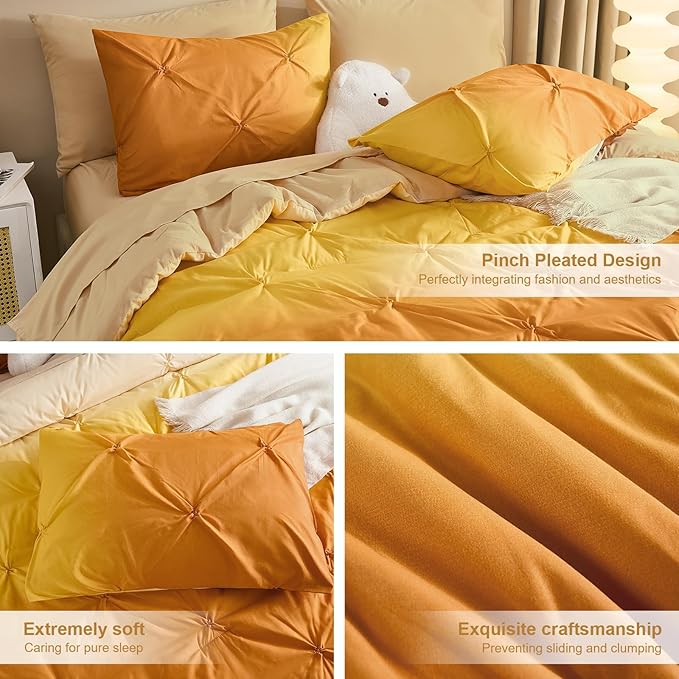 Dinjoy Ombre Comforter Set Full Size, 7-Piece Bed in a Bag for Kid Teen, Pintuck Colorful Rainbow Bedding Sets with Comforter, Flat Sheet, Fitted Sheet and Pillowcases & Shams, Orange