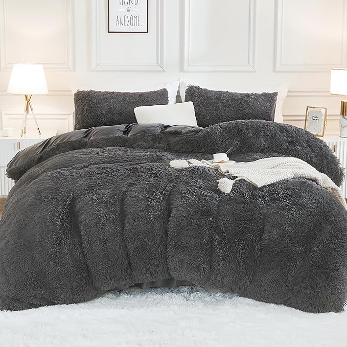 Andency Faux Fur Dark Grey Comforter Full Size, 3 Pieces Fluffy Fuzzy Plush Gray Bedding Comforter Set (1 Shaggy Velvet Comforter & 2 Pillowcases), Soft Puffy Comfy Bedding Set