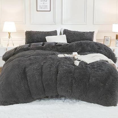 Andency Faux Fur Dark Grey Comforter Full Size, 3 Pieces Fluffy Fuzzy Plush Gray Bedding Comforter Set (1 Shaggy Velvet Comforter & 2 Pillowcases), Soft Puffy Comfy Bedding Set