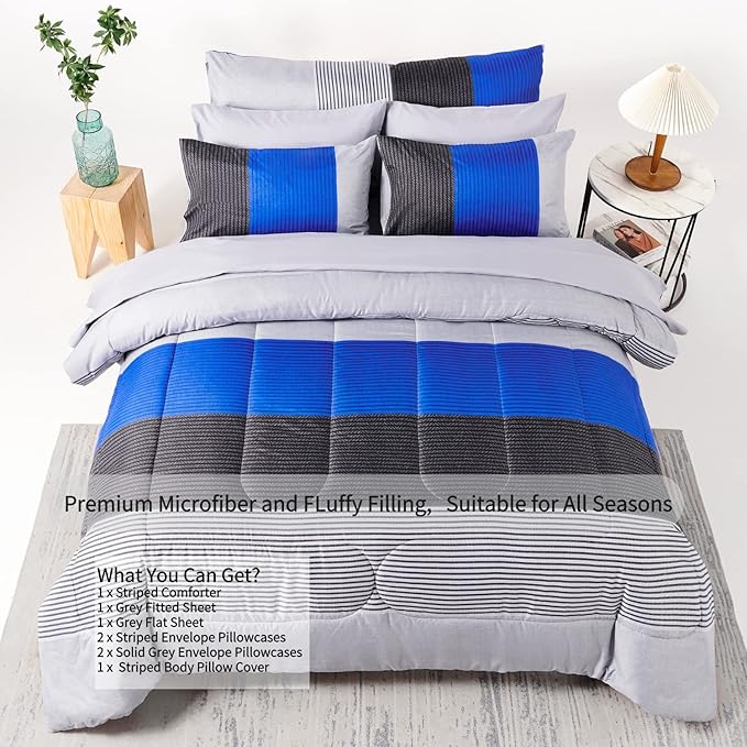 RYNGHIPY 8Pcs Blue and Grey Stripe Comforter Set Full Size, Ultra Soft Microfiber Filling Patchwork Comforter Duvet, Bed Sheets and Pillowcases (Full,Blue Grey)