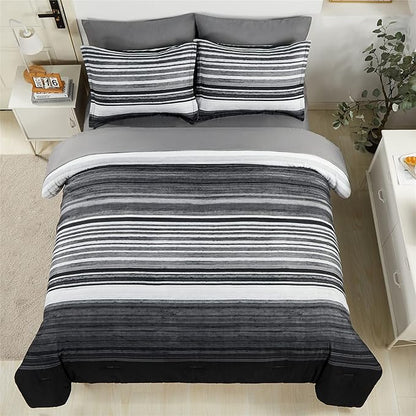 KAKIJUMN 7 Piece Bed in a Bag Stripe Comforter Set Full Size, White Grey Black Patchwork Striped Comforter and Sheet Set, All Season Soft Microfiber Complete Bedding Sets(Grey,Full)