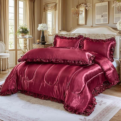 Silk Like King Comforter Satin Bedding 4 Pcs Hotel Soft Polyester Burgundy Bed Set Luxury Silky Body Pillow Cover Ruffle Home Decor