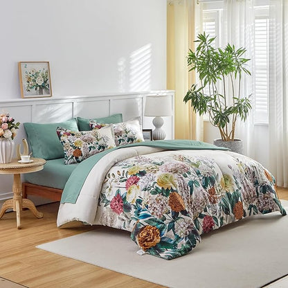 Joyreap Bed in a Bag Queen, 7 Piece Floral Comforter Sheet Set, Flowers on Light Khaki Floral Design, All Season Microfiber Bedding Comforter Set
