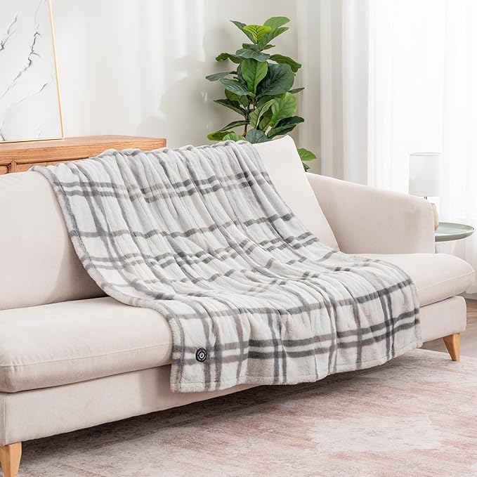 Berkshire Blanket Heated Throw Blanket, Grace Fur to Loftmink Reversible Electric Throw with 4 Heat Levels, Fast Heating Printed Throw for Couch and Bed, Auto Shut-Off Feature (50"x60")