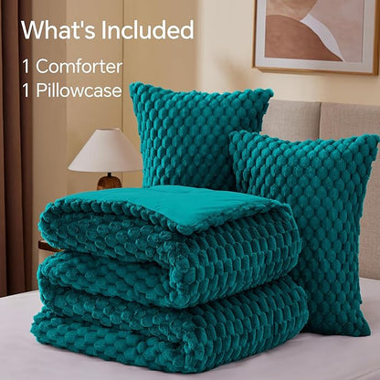 BEDELITE Fluffy Twin Comforter Set - Teal Fleece Soft Comforter for Twin Size Bed, Luxury Warm Bedding Set for Winter, Fuzzy Bed Set 2 Pieces (1 Comforter, 1 Pillowcase)