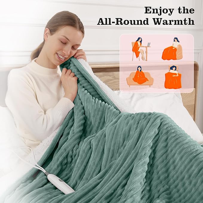 Heated Blanket Electric Throw 50"x60" Heating Blanket 450gsm Ribbed Flannel Sherpa Ultra-Soft with 5 Heating Levels and 4 Hour Auto Off, ETL & FCC Certified Electric Blanket, Great Winter Gift, Green