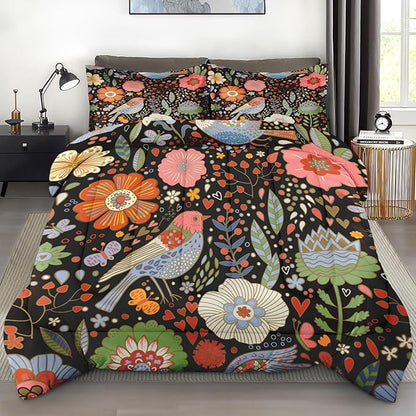 Comforter Set Queen Size, Retro Floral Bird Soft 3 Pcs Bedding for Kids and Adults, Vintage Chinese Flower Comforter Set with 2 Pillowcases, for Bedroom Bed Decor