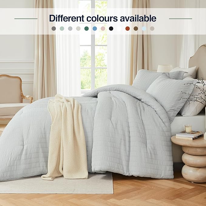 Lightgrey California King Comforter Set - 3 Pieces Seersucker Lightweight Bedding Comforter Sets (1 Soft Fluffy Comforter & 2 Pillowcases) - All Seasons Cozy Farmhouse Bed Sets for Women Men