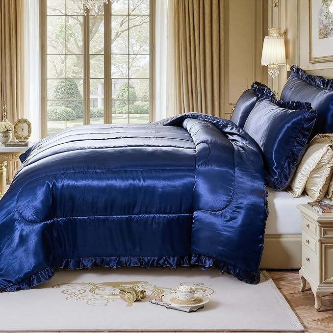 Satin Queen Comforter Silk Like Bedding 4 Pcs Hotel Soft Polyester Navy Blue Bed Set Luxury Silky Body Pillow Cover Ruffle Home Decor