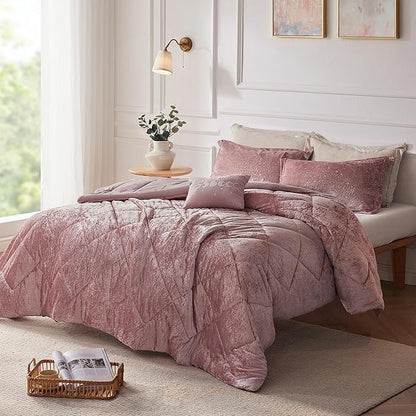 Intelligent Design King Comforter Set, Velvet Comforter Set , Luxury Diamond Quilting Comforter Set, Fluffy Comforter Bed Set with Decorative Pillowand 2 Shams, 4 Piece Pink, King/ Cal King