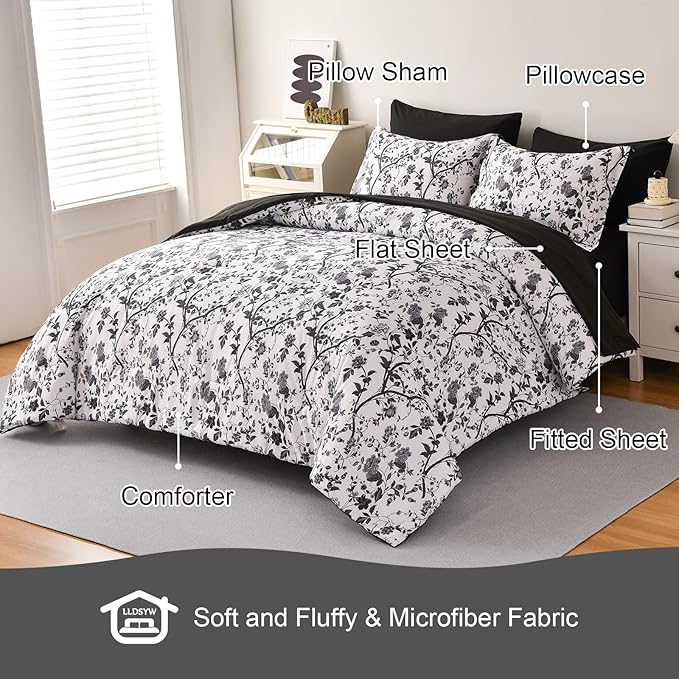 Comforter Set for Queen Bed -7 Pieces Bed in a Bag Soft Microfiber Bed Set Black Leaves Floral Pattern on White Spring Queen Comforter Sets with Sheets for All Seasons (Queen, Black)