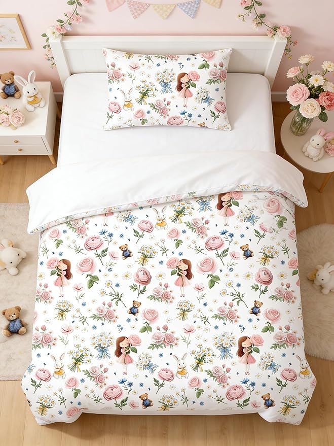Kids Priness Comforter Set Twin for Girls, 2Pcs Pink Botanical Rose Bedding for Kids Kawaii Bedroom Decor, Cute Girly Rabbit Bear Comforter Set with 1 Pillowcase, 68"x86"