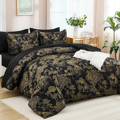 DJY Black Comforter Set King, 7 Pieces Black and Gold Botanical Comforters King Size Bed in a Bag Elegant Plants Print with Sheets Soft Microfiber Complete Bedding Sets for All Season