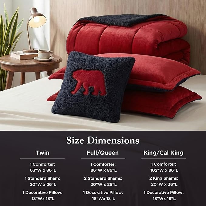 Woolrich Reversible Comforter Set Ultra Soft Plush to Sherpa, Down Alternative, Cold Weather Winter Warm Bedding, with Matching Sham, Decorative Pillow Red/Black Full/Queen 4 Piece