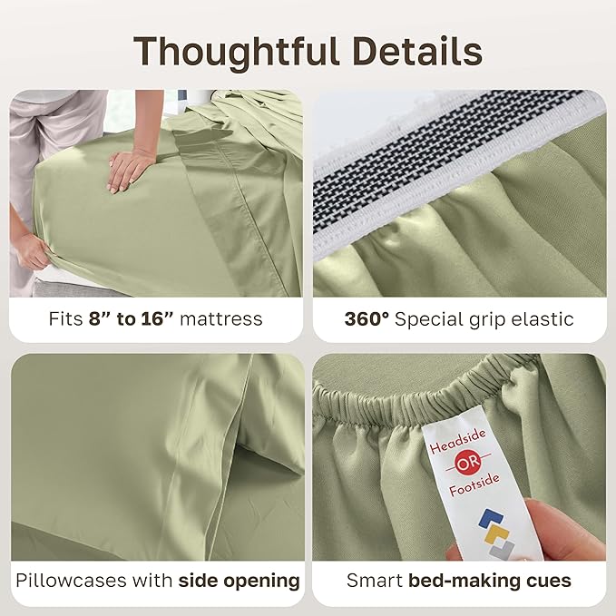 California Design Den Thick and Natural 100% Cotton Bedsheets Queen Size Bed Set - 1000 Thread Count Sheets Queen, Sateen, Deep Pockets, Durable Bedding Set - Sage Green