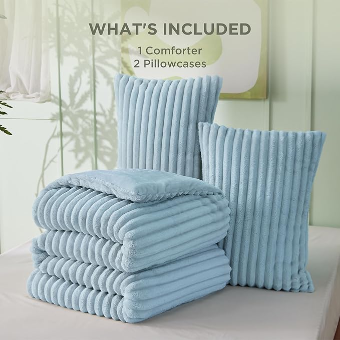 Bedsure King Size Comforter Set - GentleSoft™ 3 Pieces Fluffy Double-Side Fleece Comforter Set, Cozy Striped Room Decor Aesthetic, Luxury Light Blue King Bedding with 2 Pillowcases, 104x90 Inches