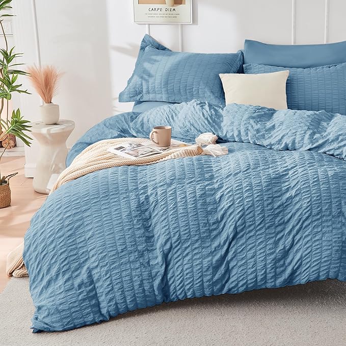 HYMOKEGE Mineral Blue Twin XL Comforter Set Seersucker 5 Pieces, All Season Luxury Bed in a Bag for Bedroom, Bedding Set with Comforter, Sheets, Pillowcase & Sham