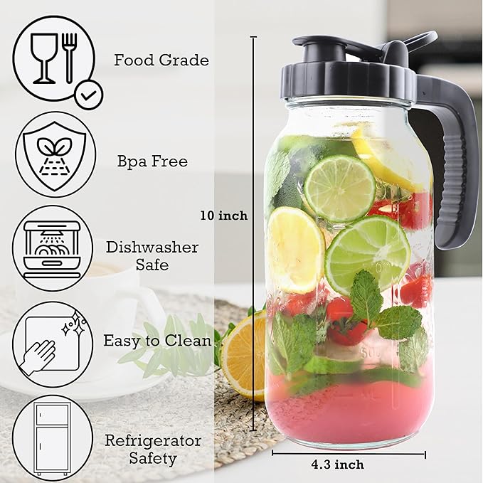 Mason Jar Pitcher 64 Oz With Handle Lid 2 Quart Sun Tea Glass Jar For Iced Hot Water 2 Set Wide Mouth Half Gallon Mason Jar Pitcher For Fridge Store Breast Milk Beverage Tea Coffee Airtight Water Jug