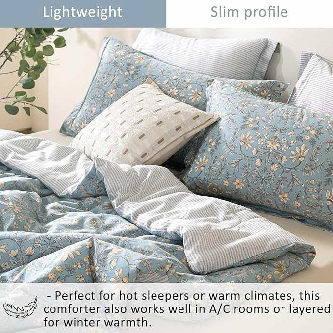 Smoky Blue Botanical Cotton Comforter Queen Size - 3PC Lightweight Bedding Sets with Soft Fill, Luxurious Vintage-Inspired Floral Patterns, Light Gray Striped Reversible Design