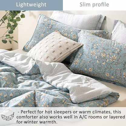 Smoky Blue Botanical Cotton Comforter Queen Size - 3PC Lightweight Bedding Sets with Soft Fill, Luxurious Vintage-Inspired Floral Patterns, Light Gray Striped Reversible Design